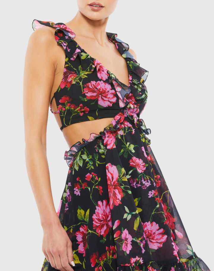 Mac Duggal 9155 Black Ruffle Cut Out Lace Up Flowy Mini Dress