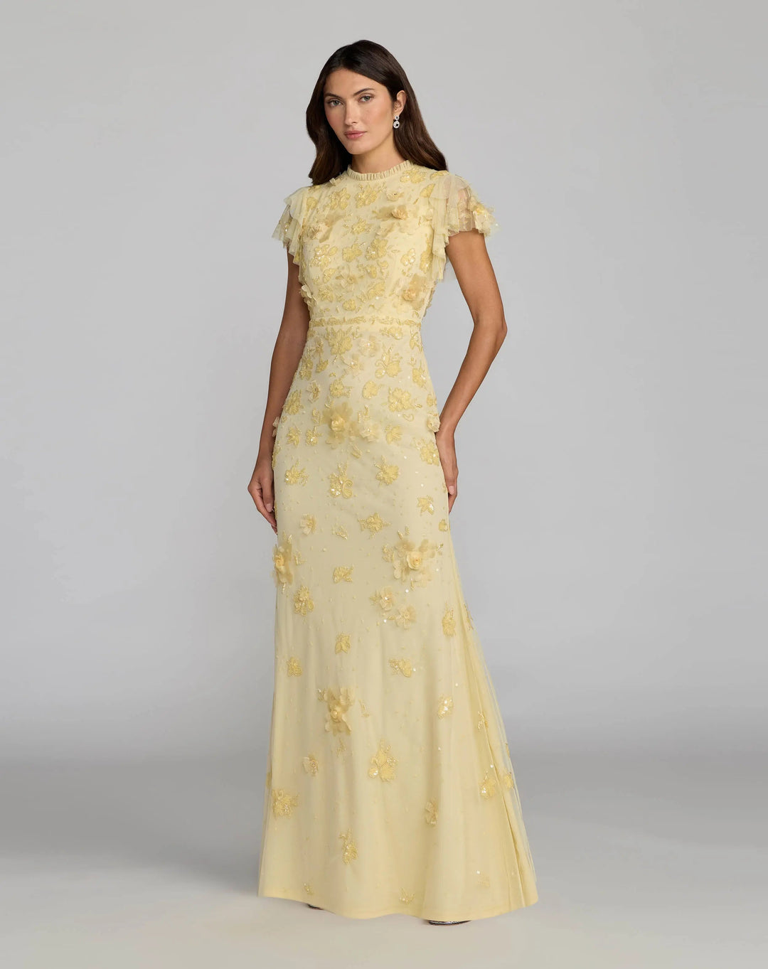 Mac Duggal - Yellow Floral Embellished High Neck Flutter Sleeve Gown