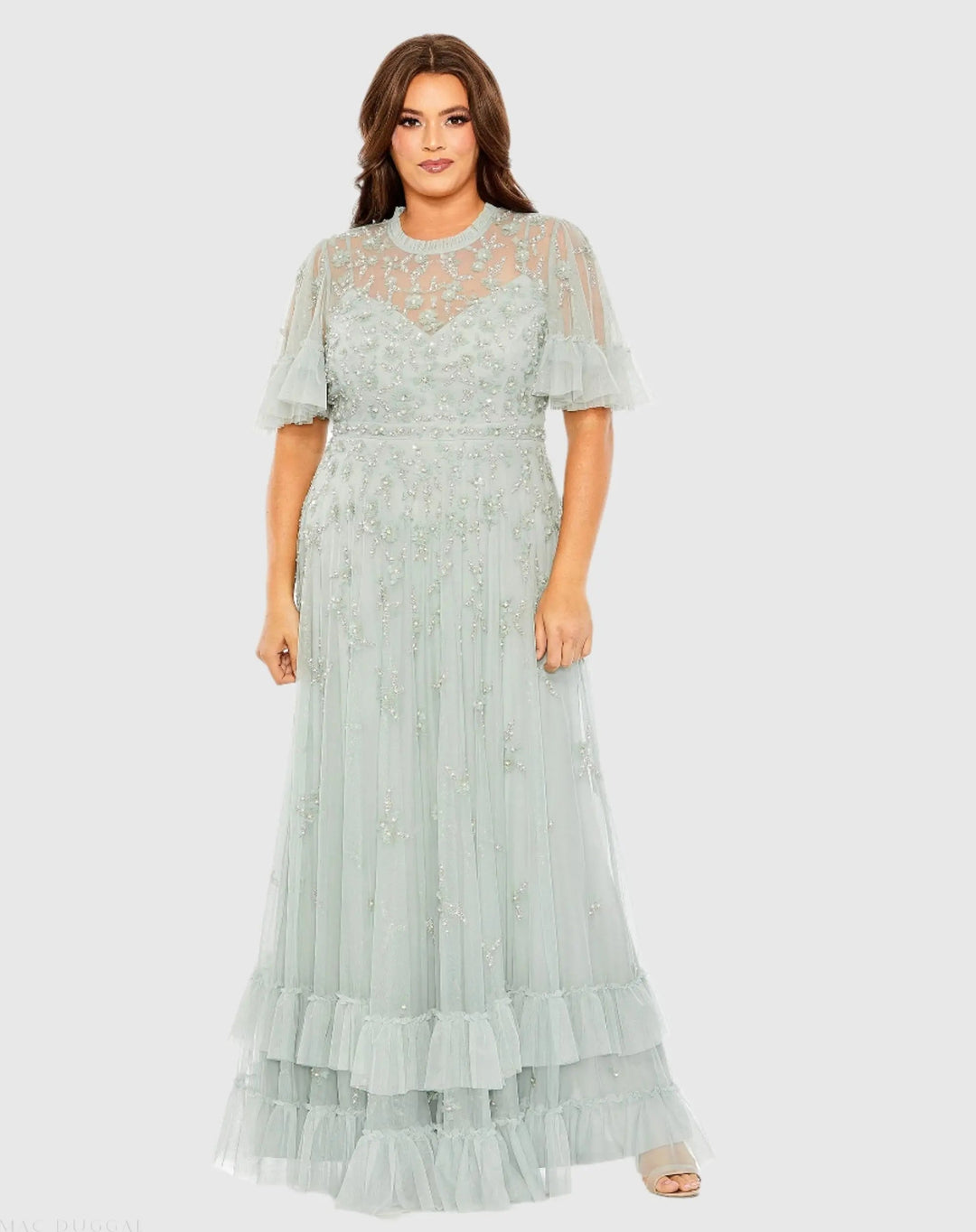 Mac Duggal 9227 Embellished Flutter Sleeve Ruffle Tiered Gown