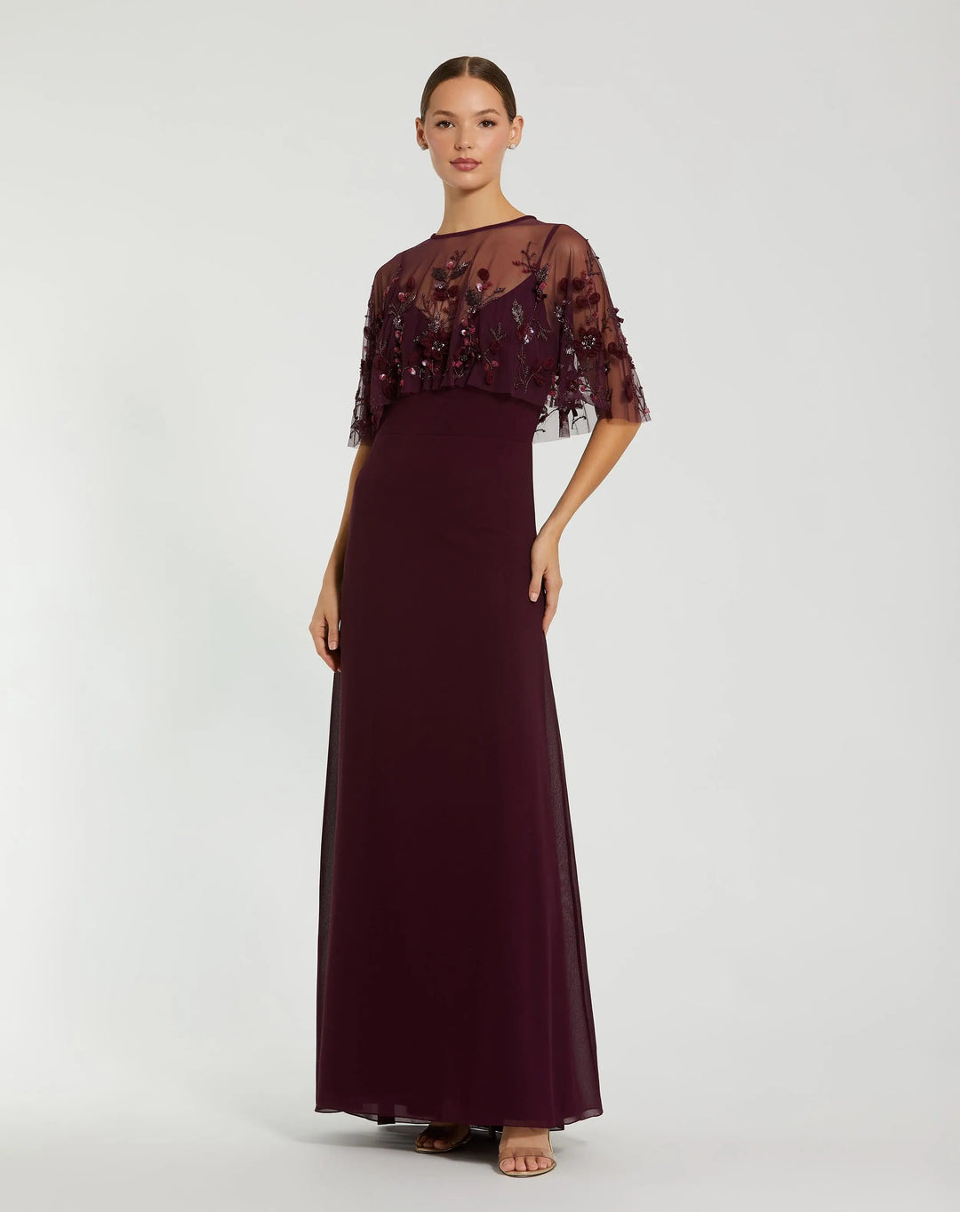 Mac Duggal 9229 Gray Sleeveless Gown With Embellished Cape - FINAL SALE