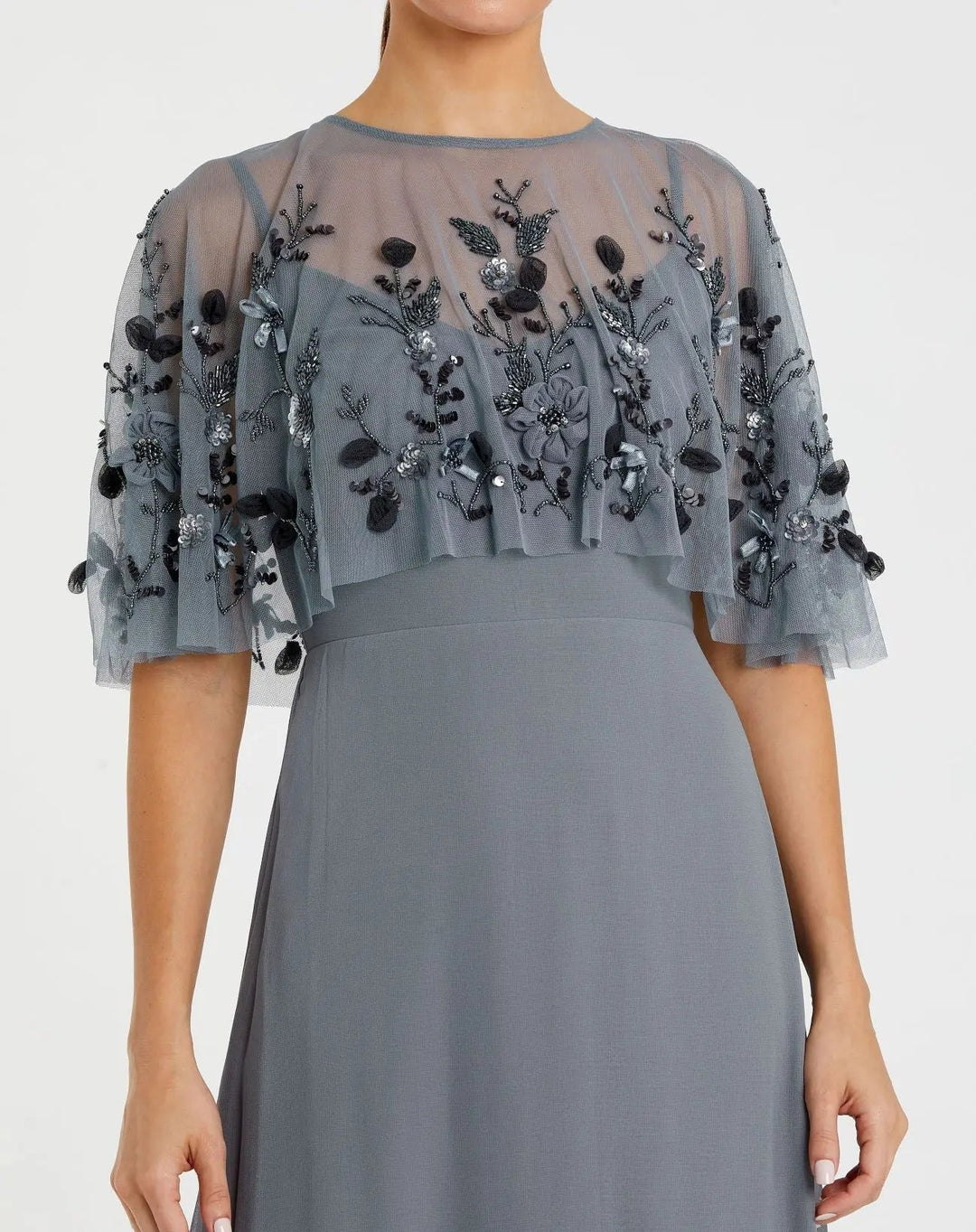 Mac Duggal 9229 Gray Sleeveless Gown With Embellished Cape - FINAL SALE