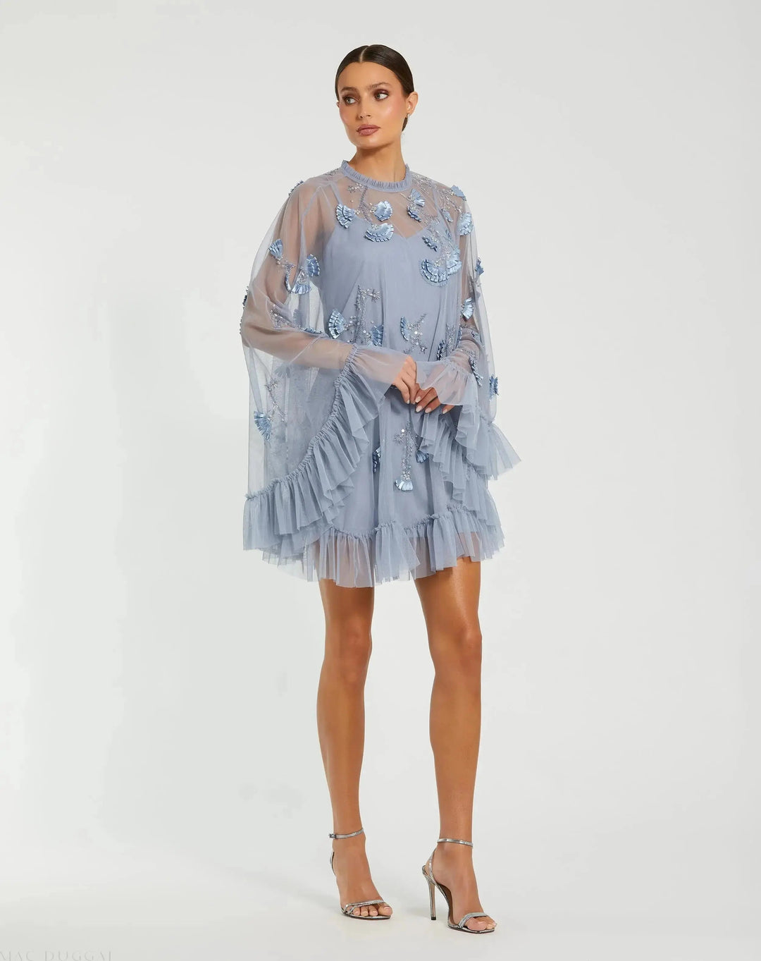 Blue Embellished Long Sleeve Trapeze Dress with Ruffle Hem - FOSTANI.com