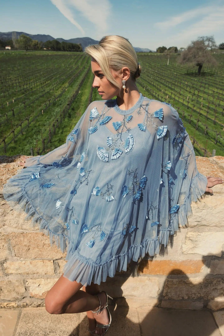 Blue Embellished Long Sleeve Trapeze Dress with Ruffle Hem - FOSTANI.com