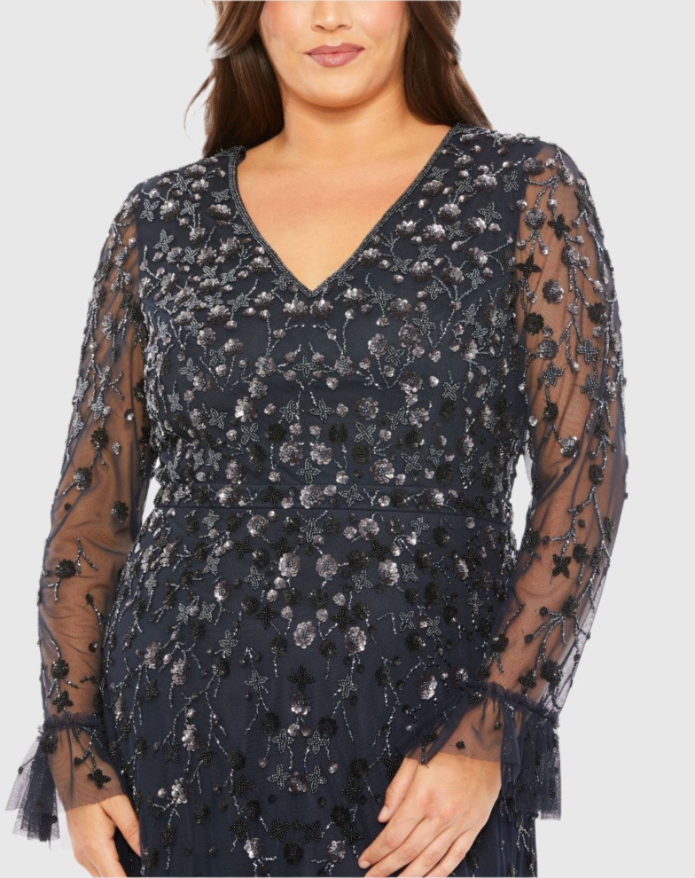 Mac Duggal V-Neck Embellished Long Flutter Sleeve Gown - Midnight Mac Duggal V-Neck Embellished Long Flutter Sleeve Gown - Midnight