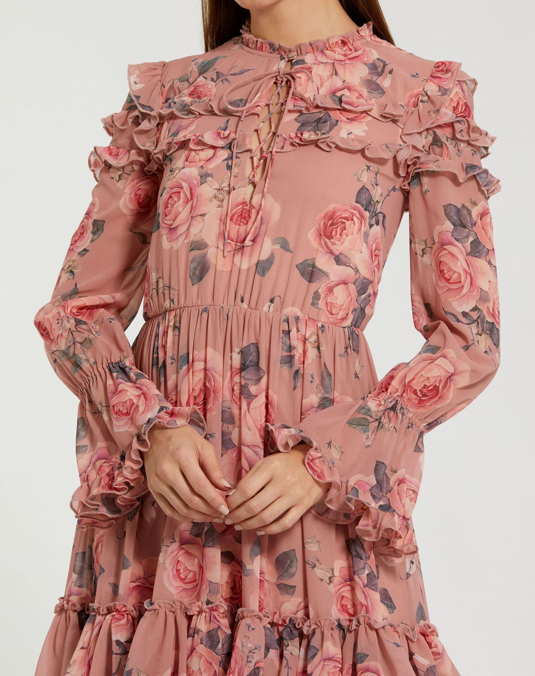 Mac Duggal 9306 Long Sleeve Lace Up Front Tiered Ruffle Dress