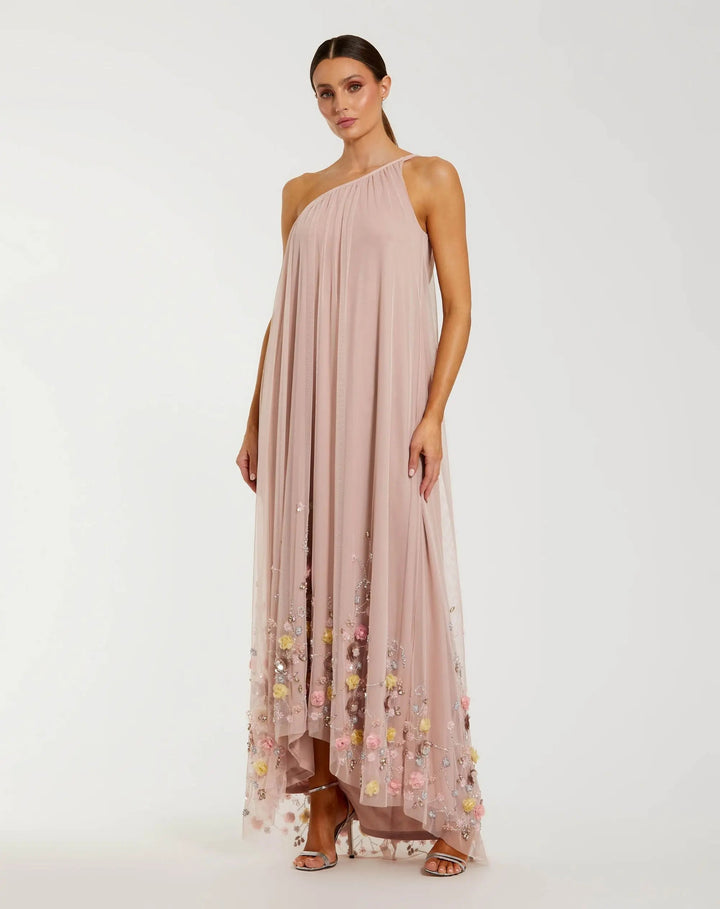Pink One Shoulder High Low Embellished Trapeze Gown - FOSTANI.com