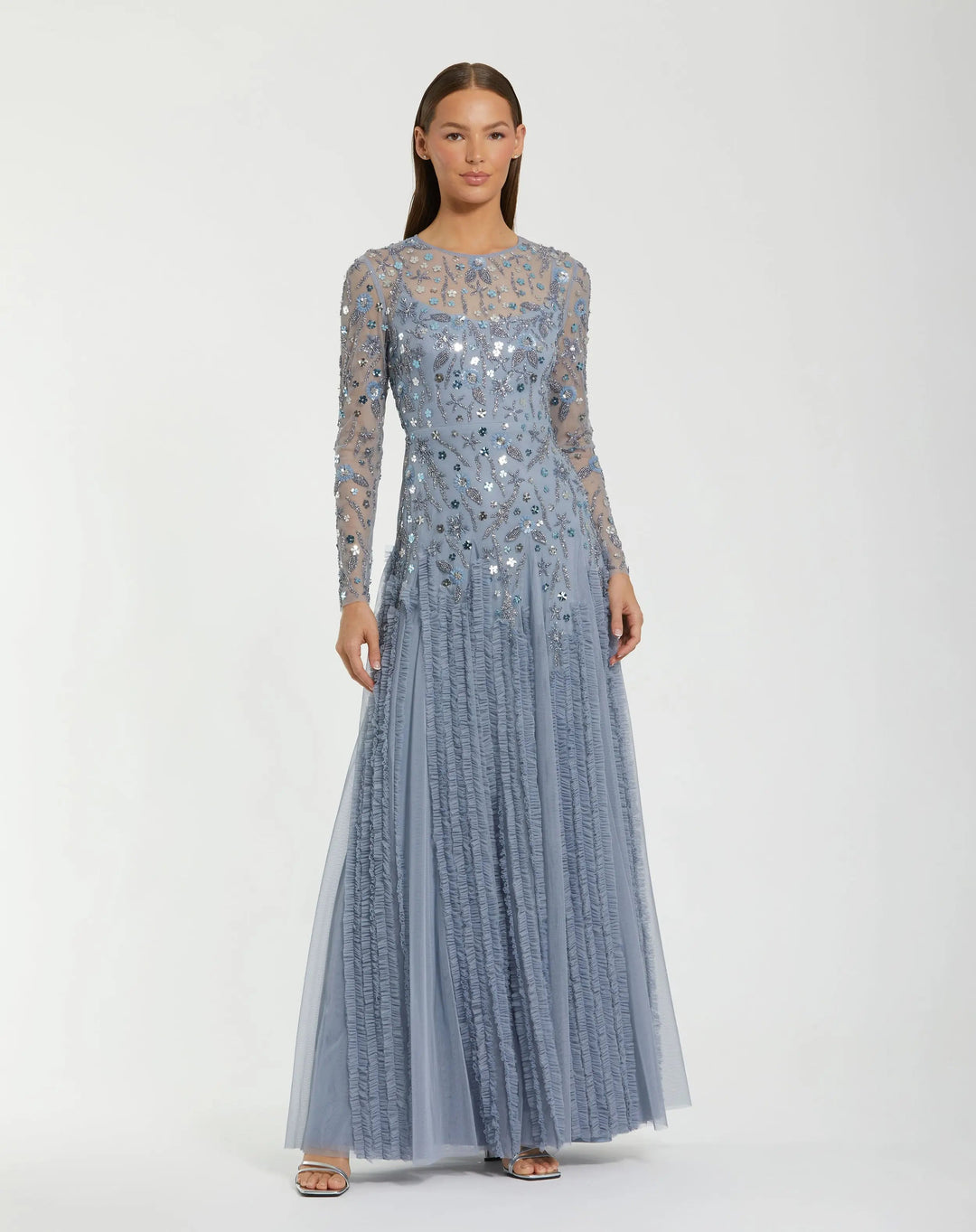 Mac Duggal 9357 Blue Embellished Long Sleeve Drop Waist Gown