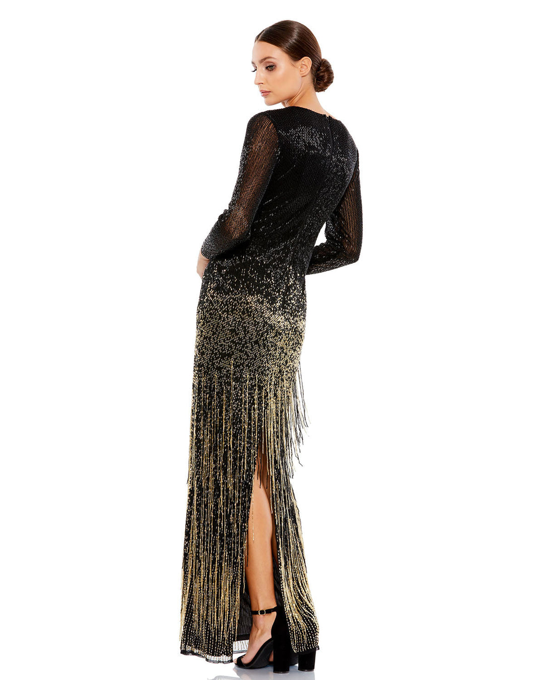 Long Sleeve Beaded Fringe Evening Gown - FINAL SALE
