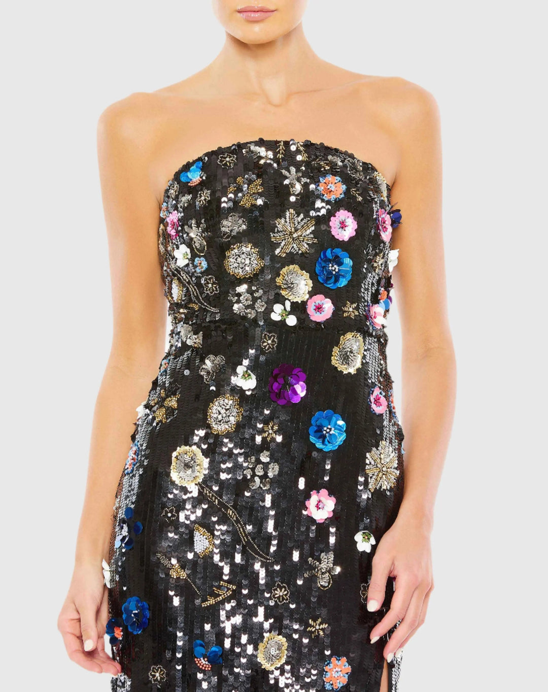 Mac Duggal 93695 Black Floral Embellished Strapless Column Gown
