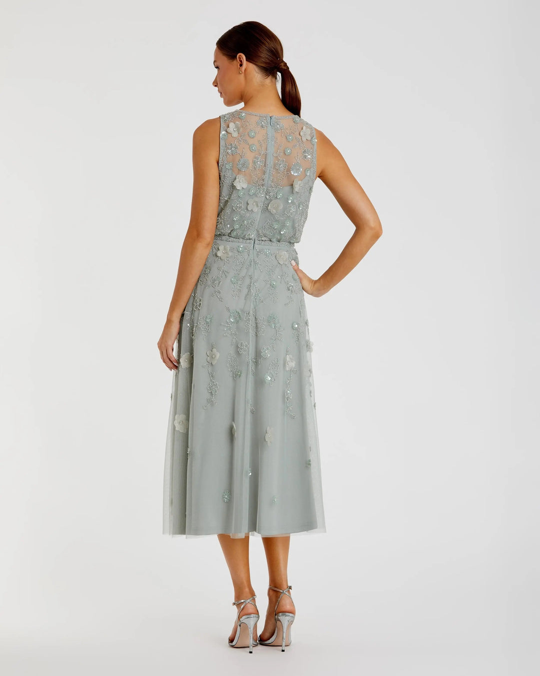 Green Floral Embellished Sleeveless Midi Dress - FOSTANI.com
