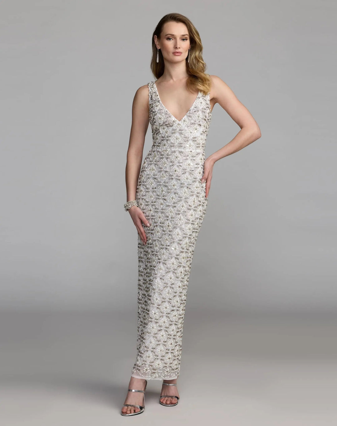 Mac Duggal 93807 White Pearl Embellished Sleeveless Column Dress