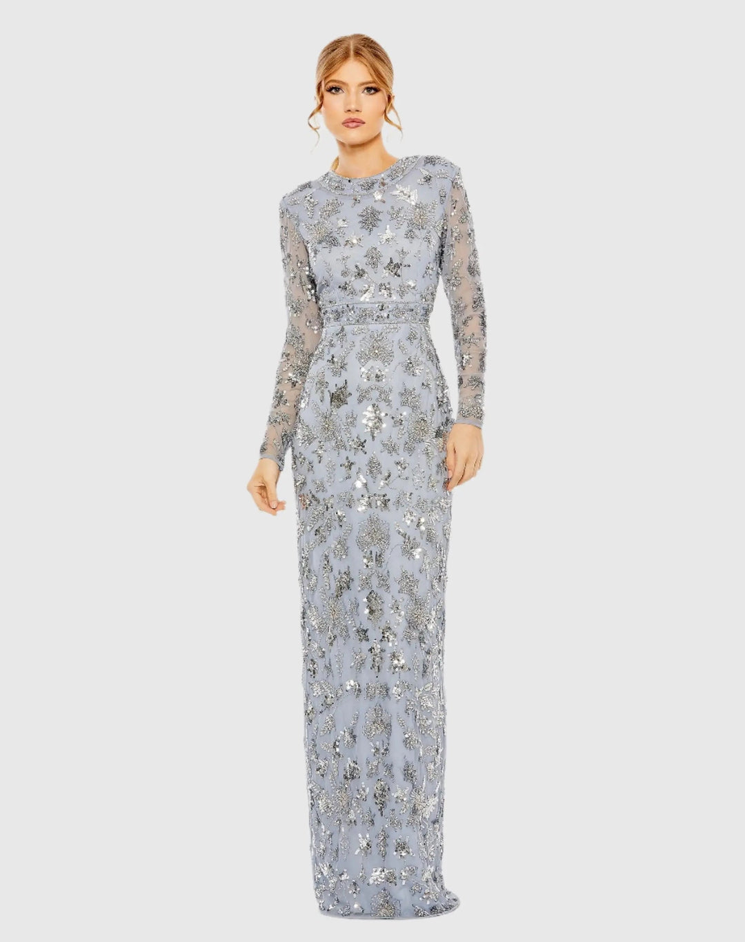 Mac Duggal 93939 Blue High Neck Long Sleeve Embellished Column Gown