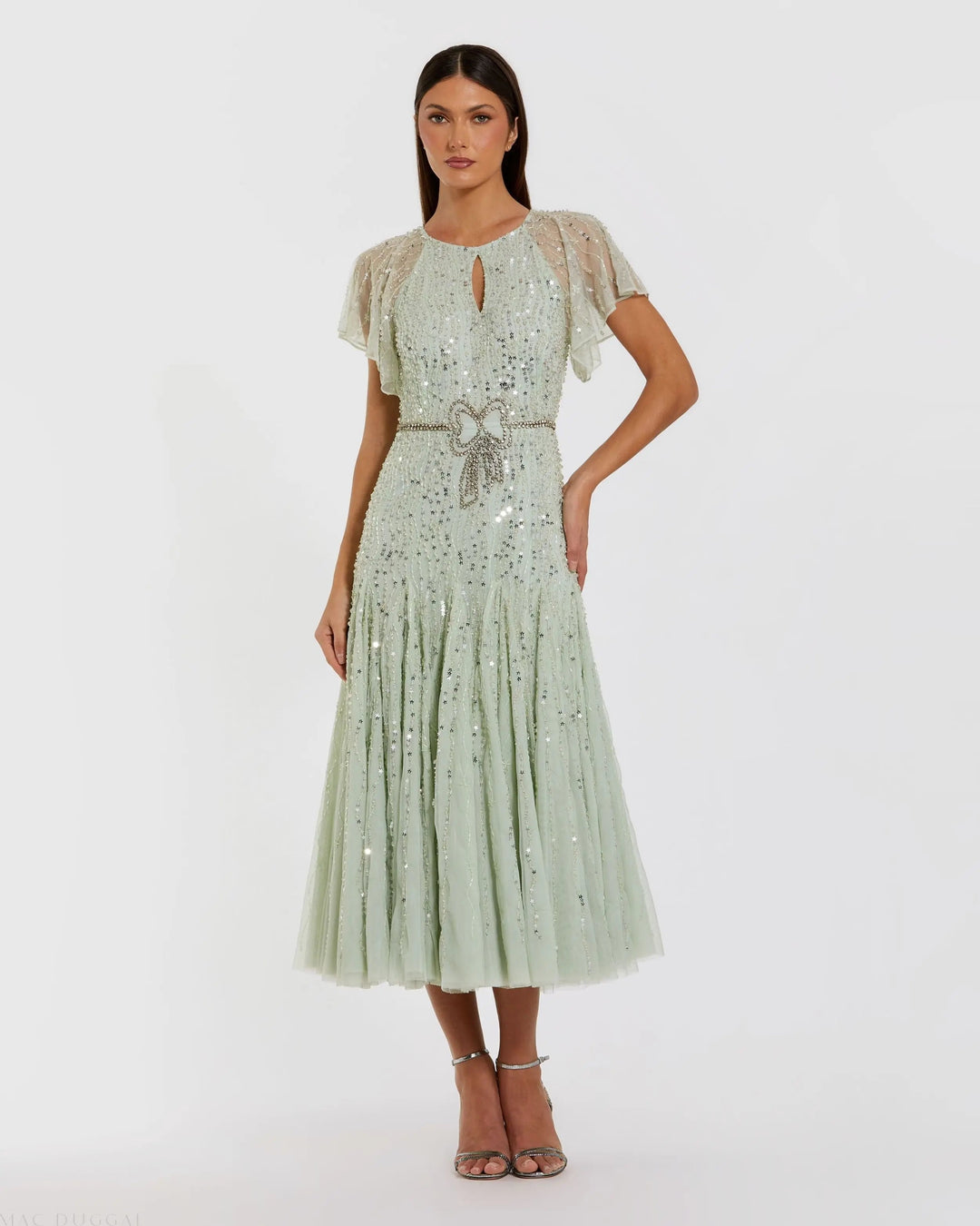 Mac Duggal Women's Beaded Mesh Flutter Sleeve A Line Midi Dress - Green - Size 8
