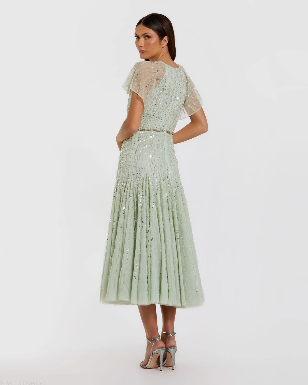 Mac Duggal Women's Beaded Mesh Flutter Sleeve A Line Midi Dress - Green - Size 8