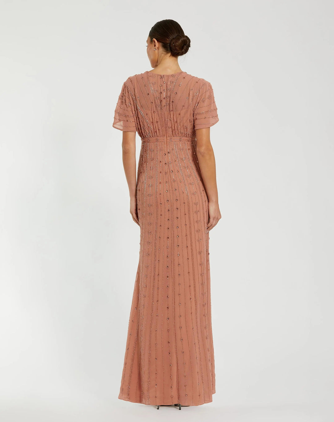Mac Duggal 94149 Pink Beaded Short Sleeve V-Neck Gown