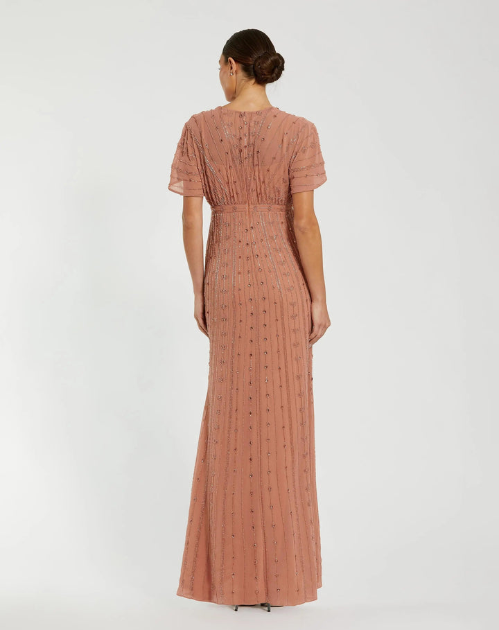 Mac Duggal 94149 Pink Beaded Short Sleeve V-Neck Gown