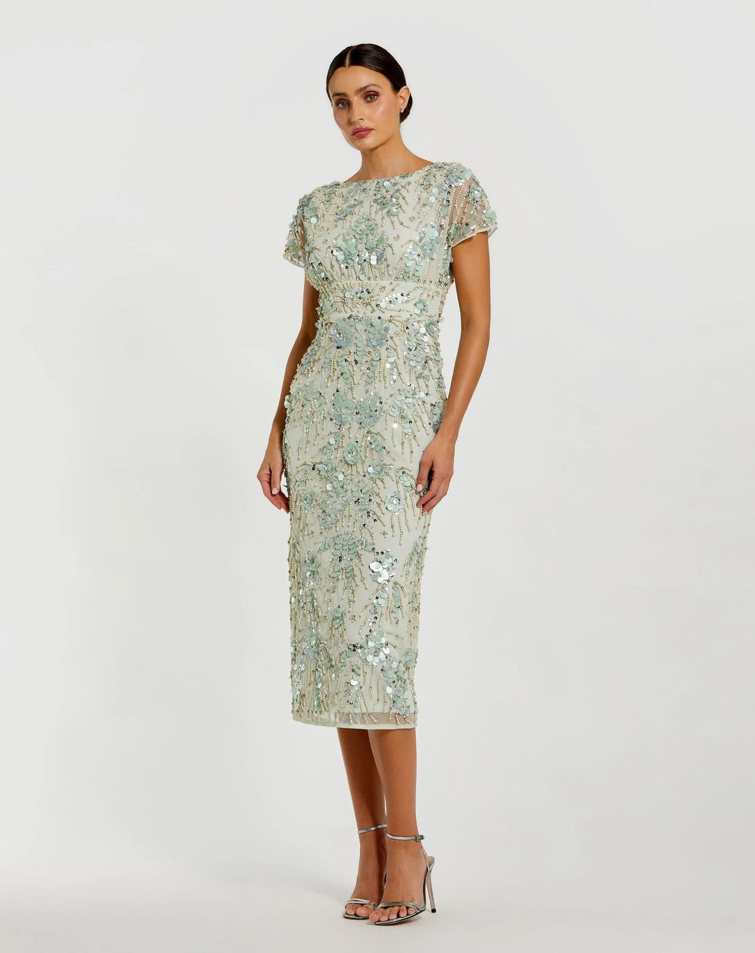 Green Embellished Cap Sleeve Midi Dress - FOSTANI.com