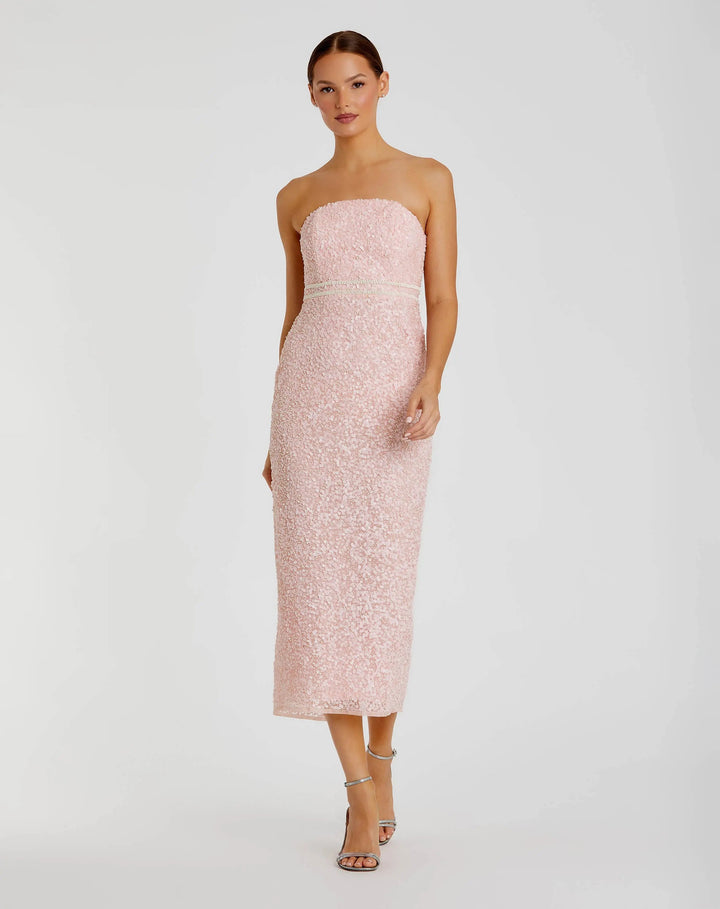 Pink Pearl Embellished Strapless Midi Dress - FOSTANI.com