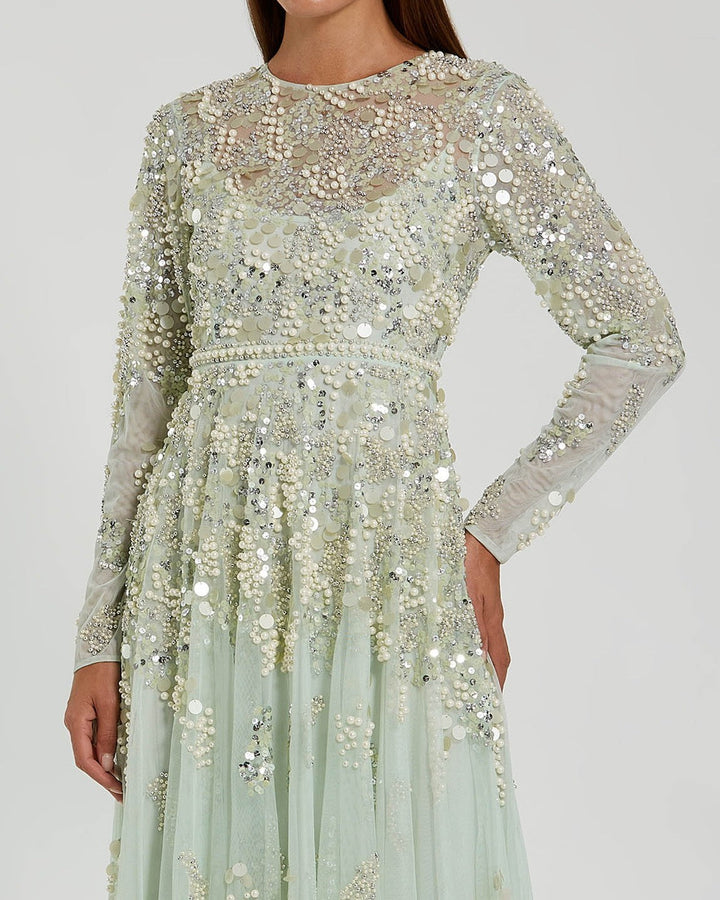 Green Long Sleeve Sequin Pearl Embellished Gown - FOSTANI.com