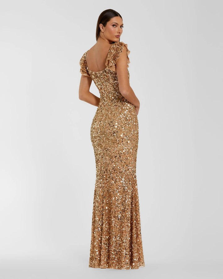 Mac Duggal 94279	Gold Sequin Flutter Sleeve Trumpet Gown