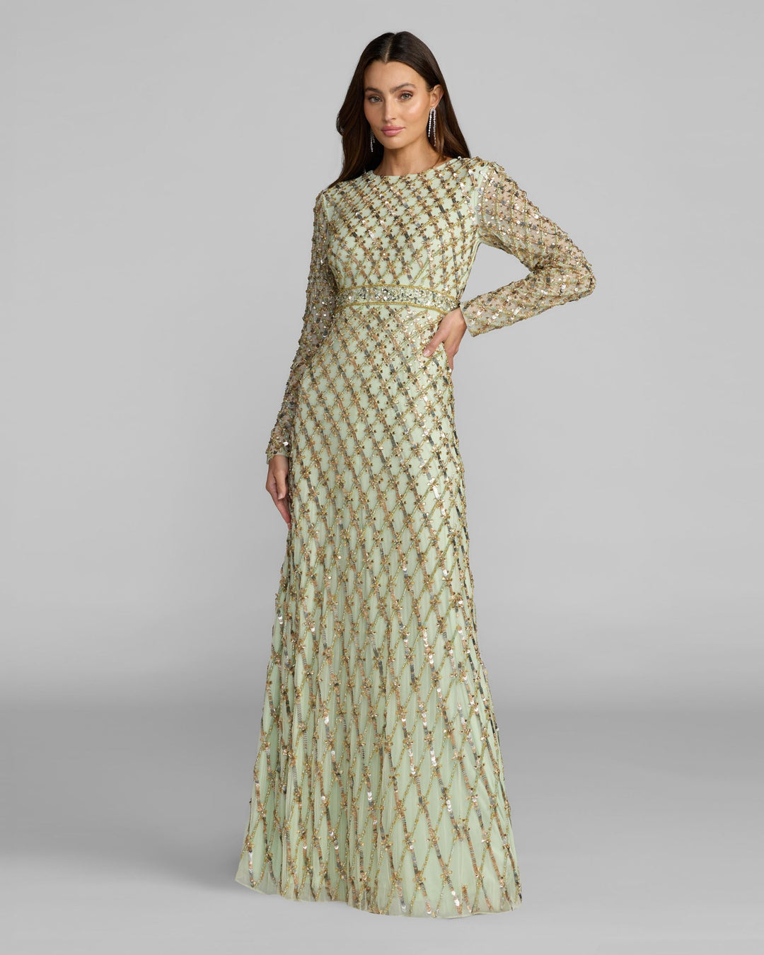 mac duggal green dress long sleeve Mac Duggal Embellished Tulle Long Sleeve A-Line Gown