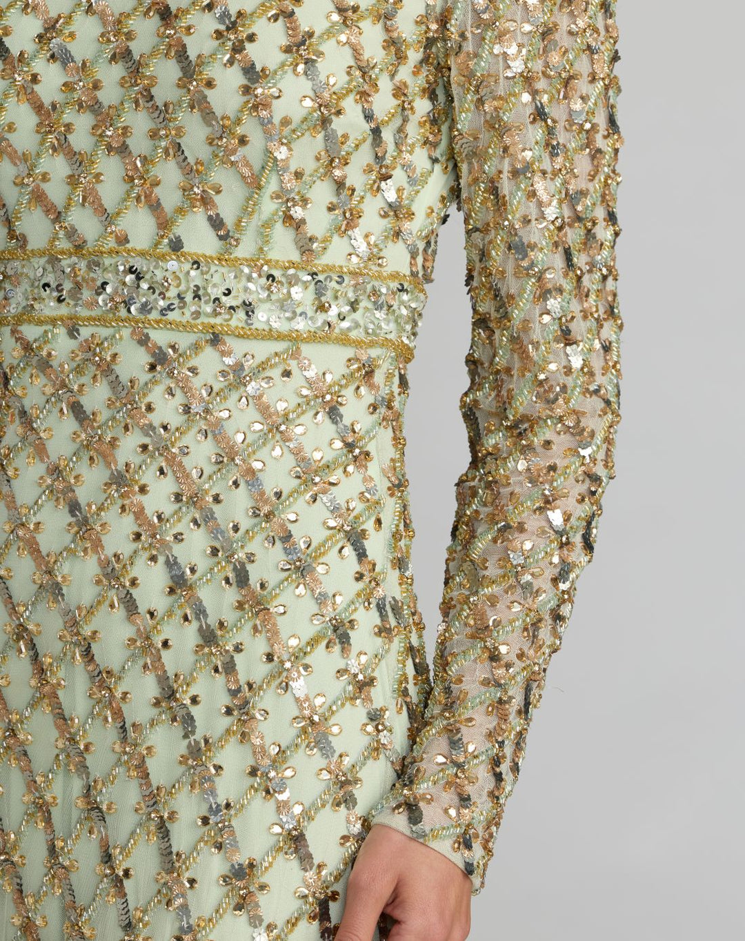 Mac Duggal 94318	Sage Green Long Sleeve High Neck Embellished Gown