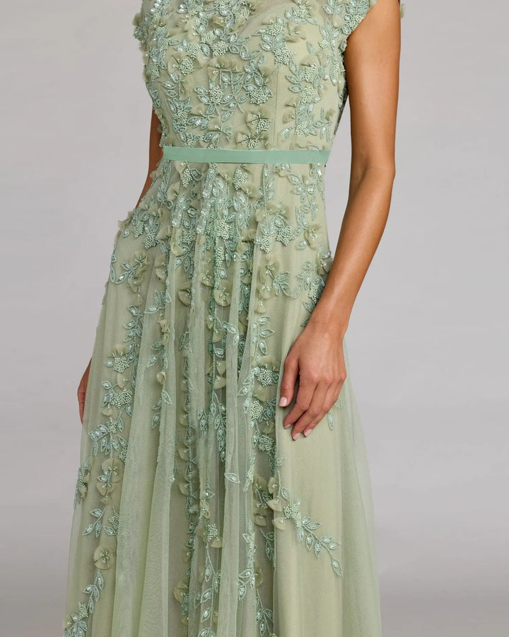 Green Floral Embellished Cap Sleeve Midi Dress - FOSTANI.com