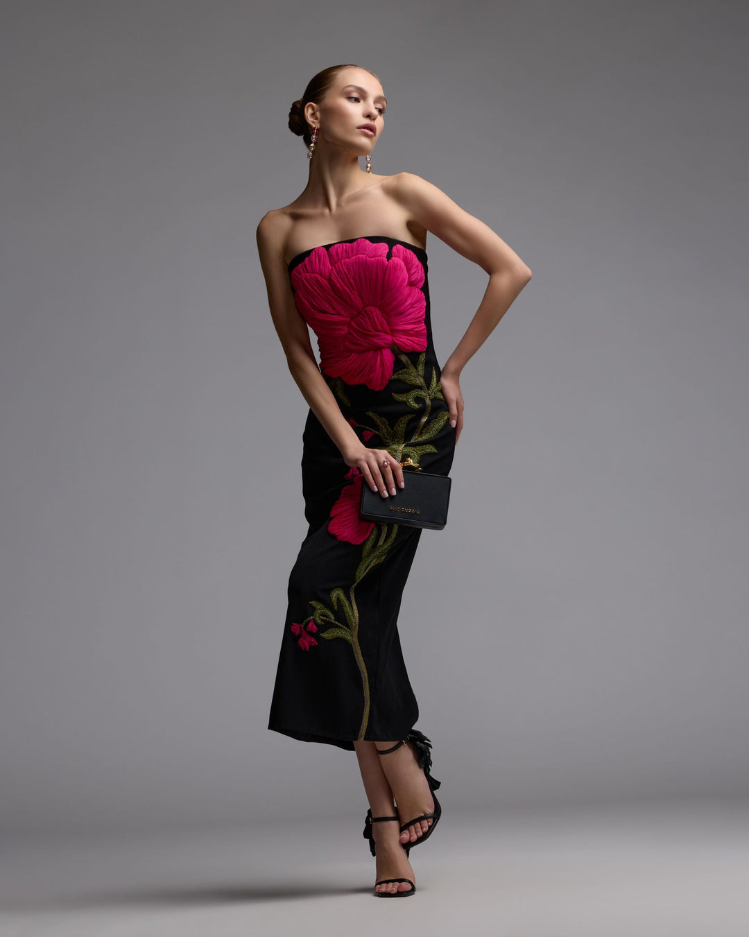 Mac Duggal 94359 Black Strapless Floral Embroidered Midi Dress - FOSTANI.com