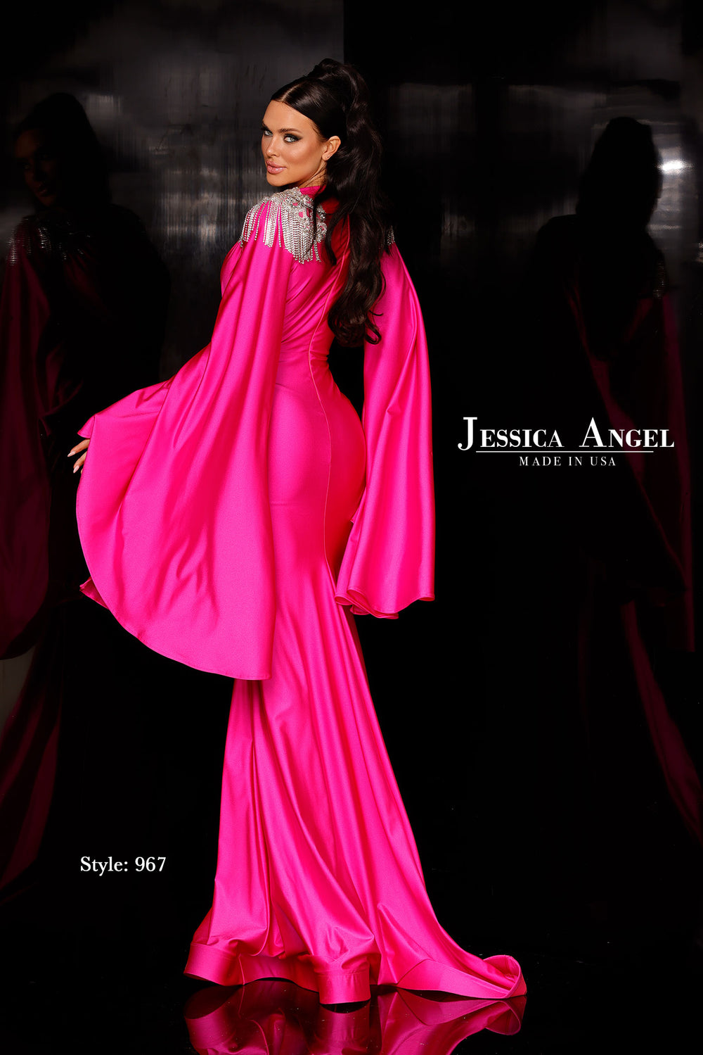 Jessica Angel 967 V-neck bell sleeve jersey mermaid gown back view