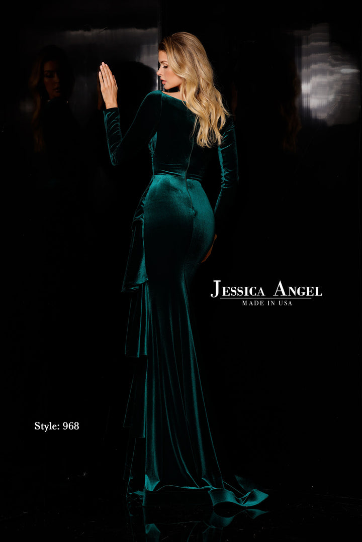 Jessica Angel 968 long sleeve velvet ruffle mermaid gown back view