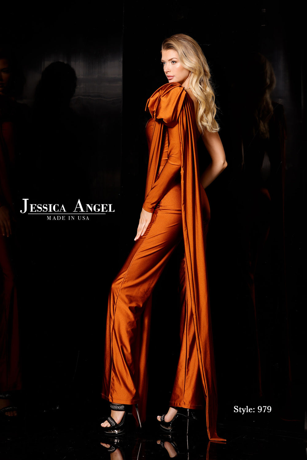 Jessica Angel 979 jumpsuit cape drape side back view