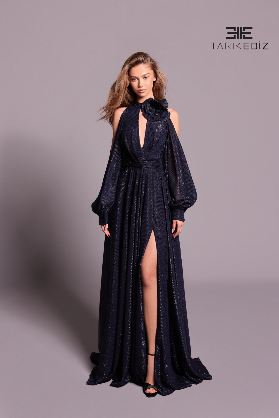 tarik ediz long sleeve dress Tarik Ediz 98880 Chiffon High Neck Long Dropped Sleeve Dress