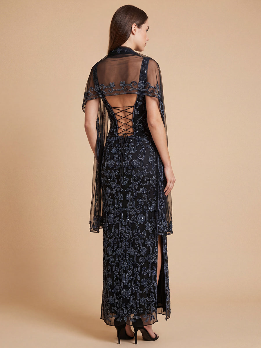 Lara 9916 Strapless Beaded Gown with Scarf