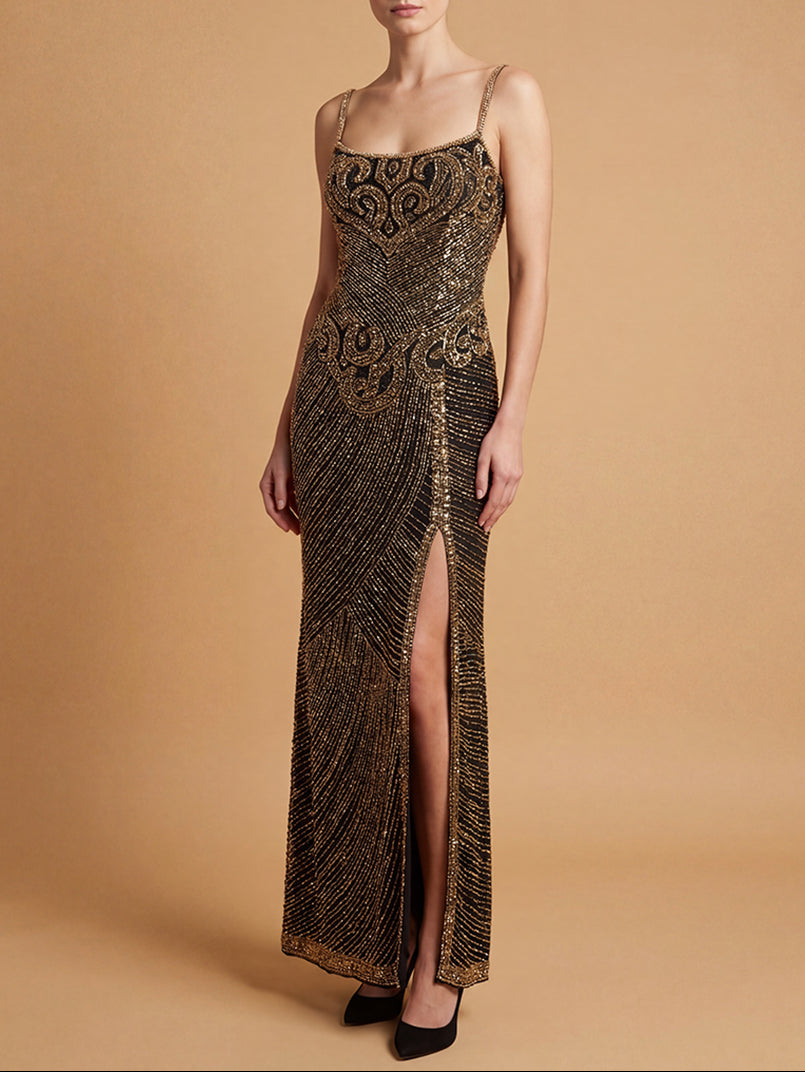 Lara 9919 Spaghetti Strap Beaded Gown with Slit - FOSTANI.com