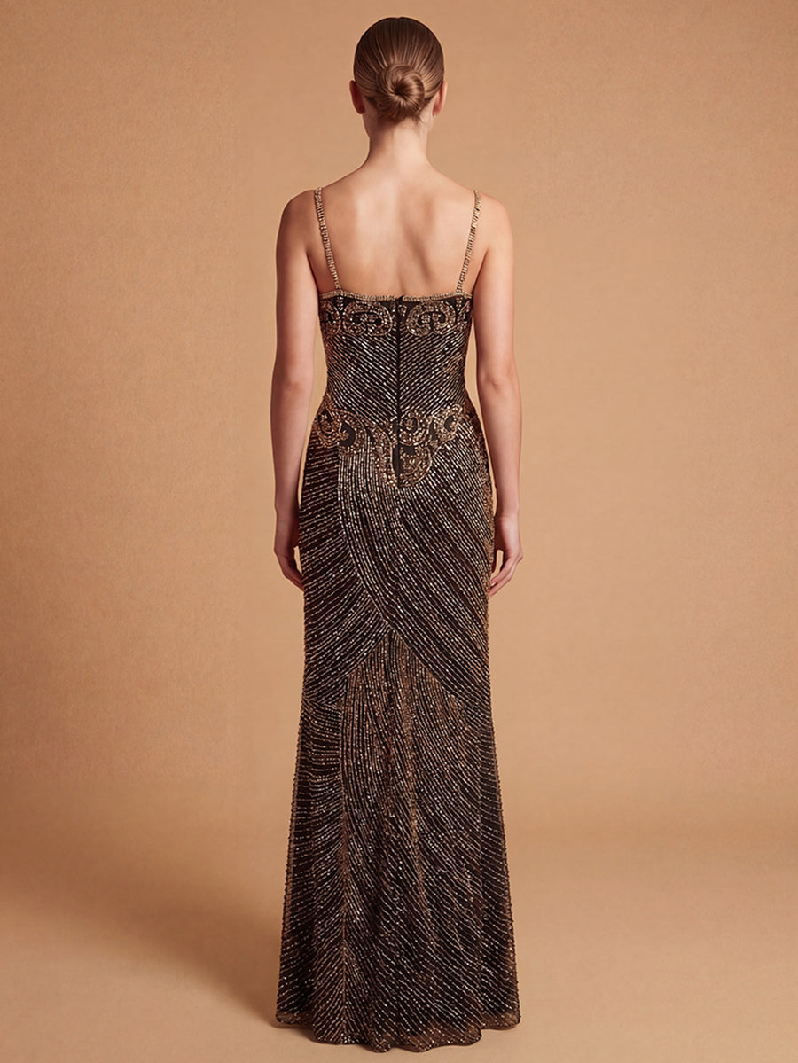 Lara 9919 Spaghetti Strap Beaded Gown with Slit - FOSTANI.com