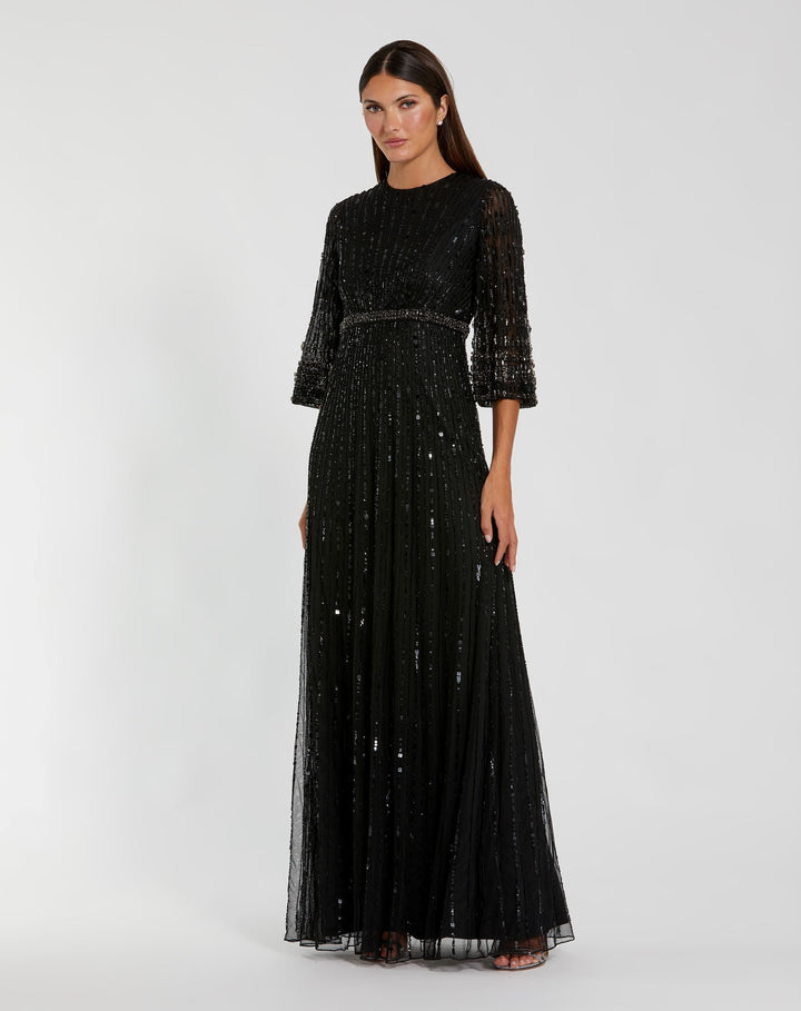 Mac Duggal 23045 High Neck Embellished Gown With 3/4 Sleeves