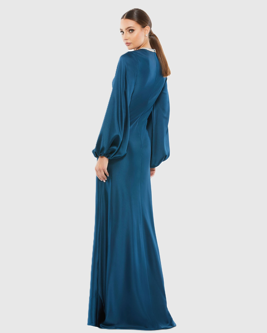 Mac Duggal 9926575P Petite Beaded High Neck Bishop Sleeve Satin Gown