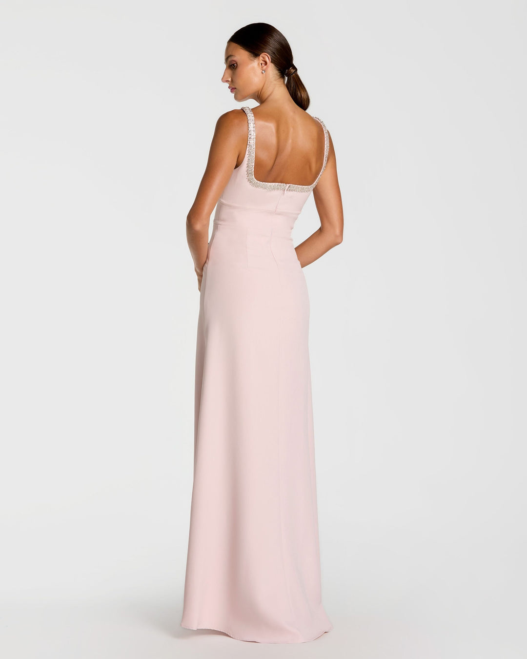 Mac Duggal 9927633P Petite Light Pink Crepe A-Line Gown With Rhinestone Trim