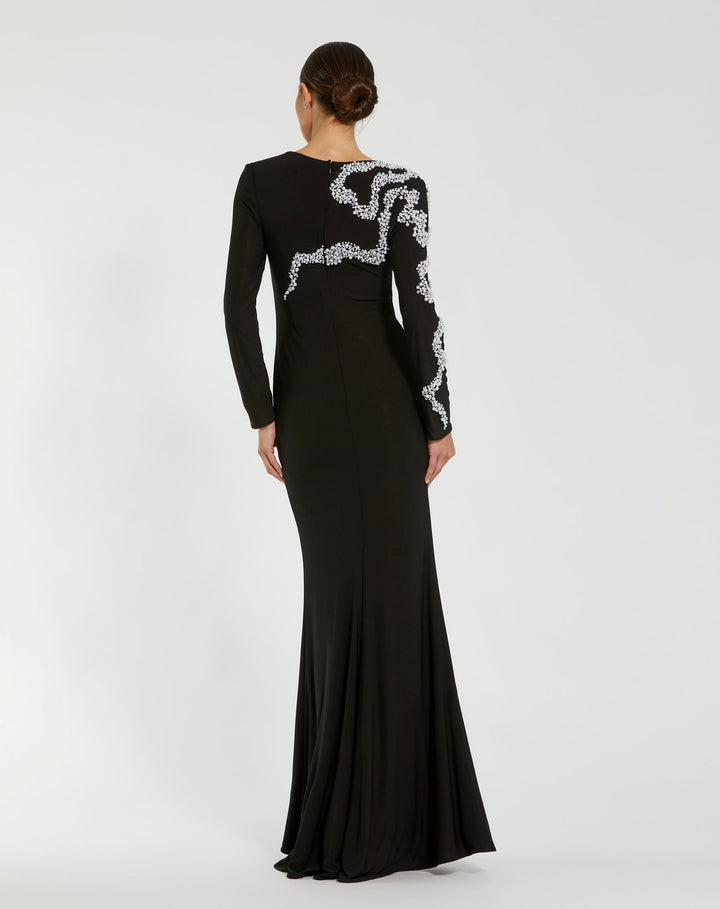 Mac Duggal 9944086P Petite Jersey Evening Gown With Beaded Swirl Detail