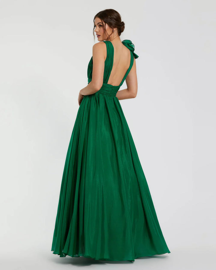Mac Duggal 9948856P Petite Pink Ruffle Shoulder V-Neck Chiffon Gown