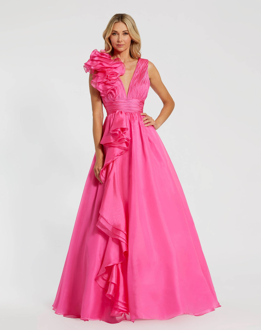mac duggal hot pink dress Pink Strapless Satin High Low Gown With 3D Flowers
