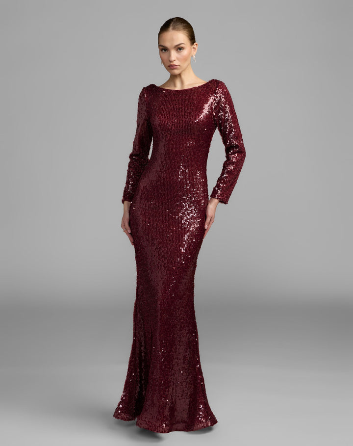 Mac Duggal 50201 Long Sleeve Cowl Back Sequin Gown