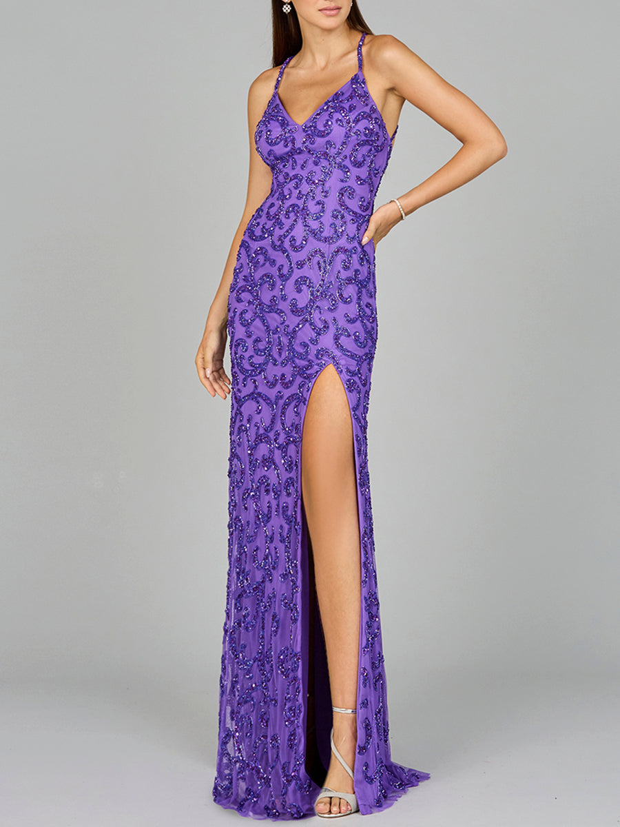 Lara 9950 V-Neck Spaghetti Strap Bodycon Prom Dress Purple / 2