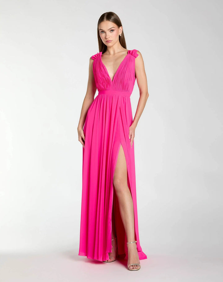 Mac Duggal 9955321P Petite Pink Sleeveless Pleated Chiffon V-Neck Gown
