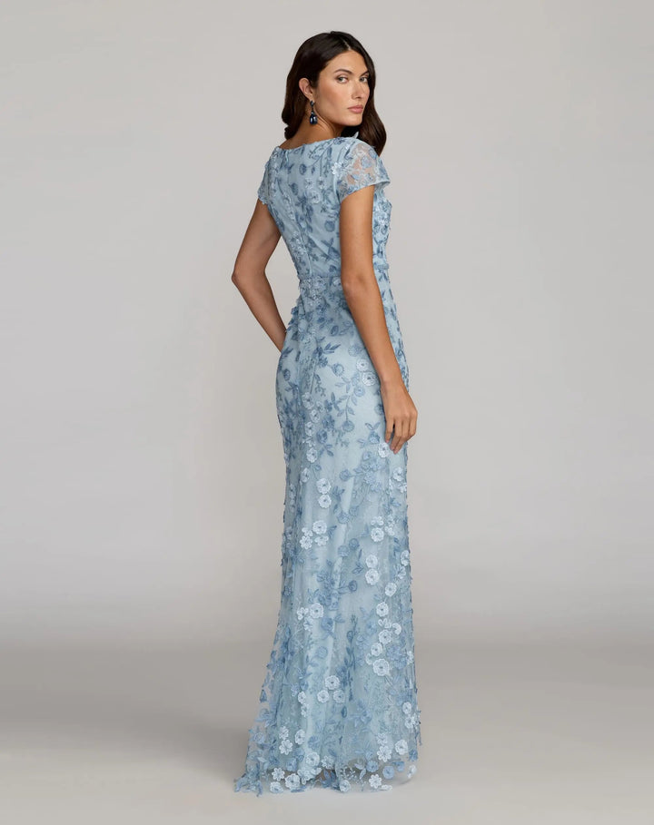 Mac Duggal 67711 Floral Applique Boat Neck Short Sleeve Gown