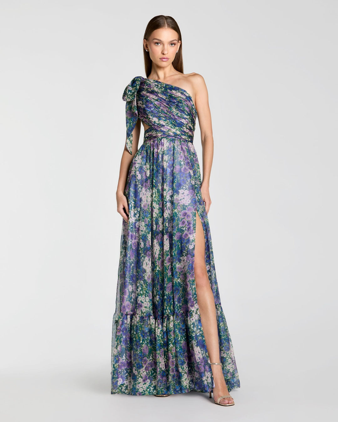 Mac Duggal 68553 One Shoulder Floral Printed Chiffon Side Cut Out Gown
