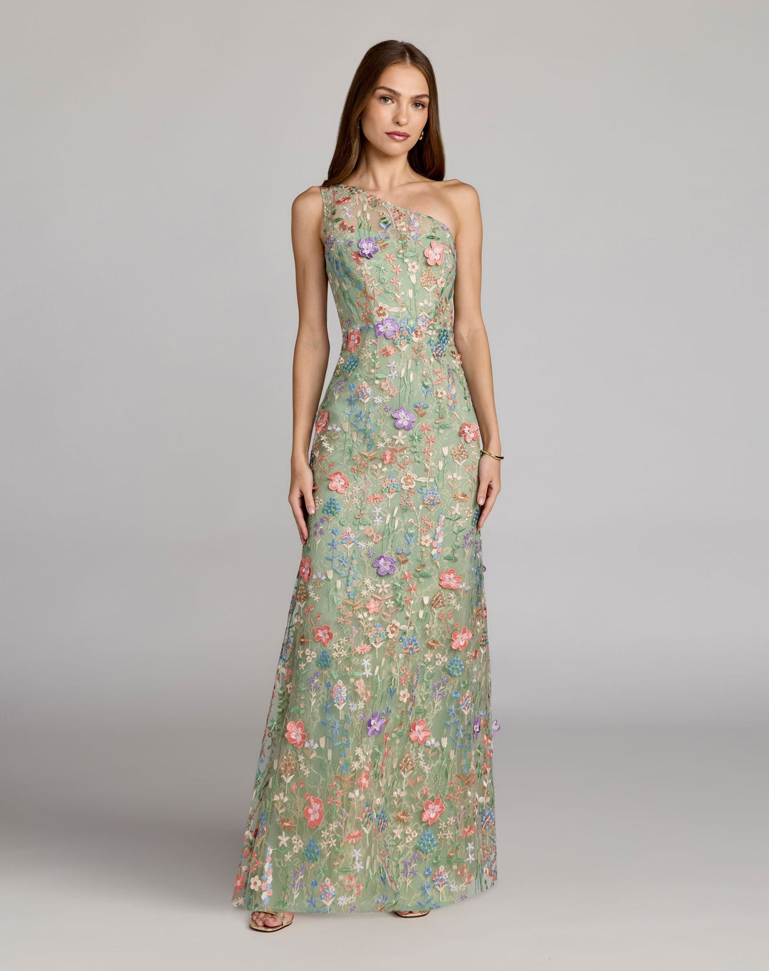 Mac Duggal 9968606P Petite Green One Shoulder Floral Embroidered Gown - FOSTANI.com