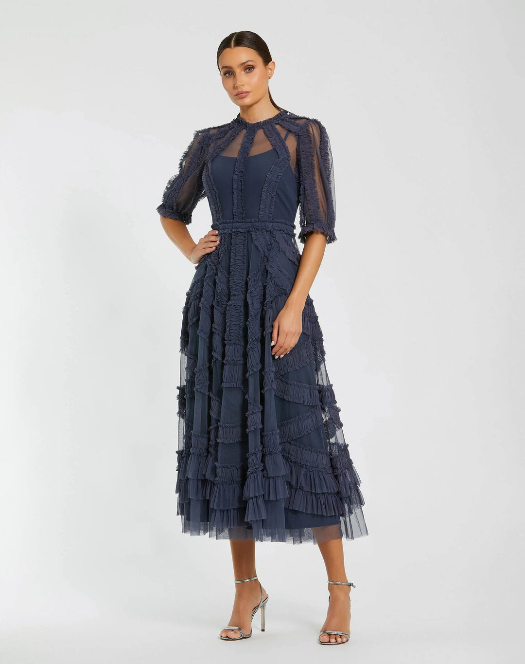 Mac Duggal 998058P High Neck Micro Ruffle Tiered Midi Dress - FOSTANI.com