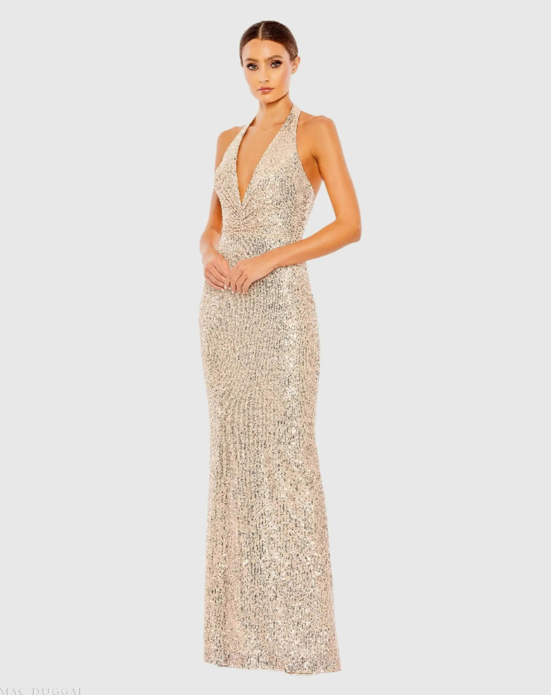 Mac Duggal A1127 Sequined Halter Strap Plunge Neck Gown
