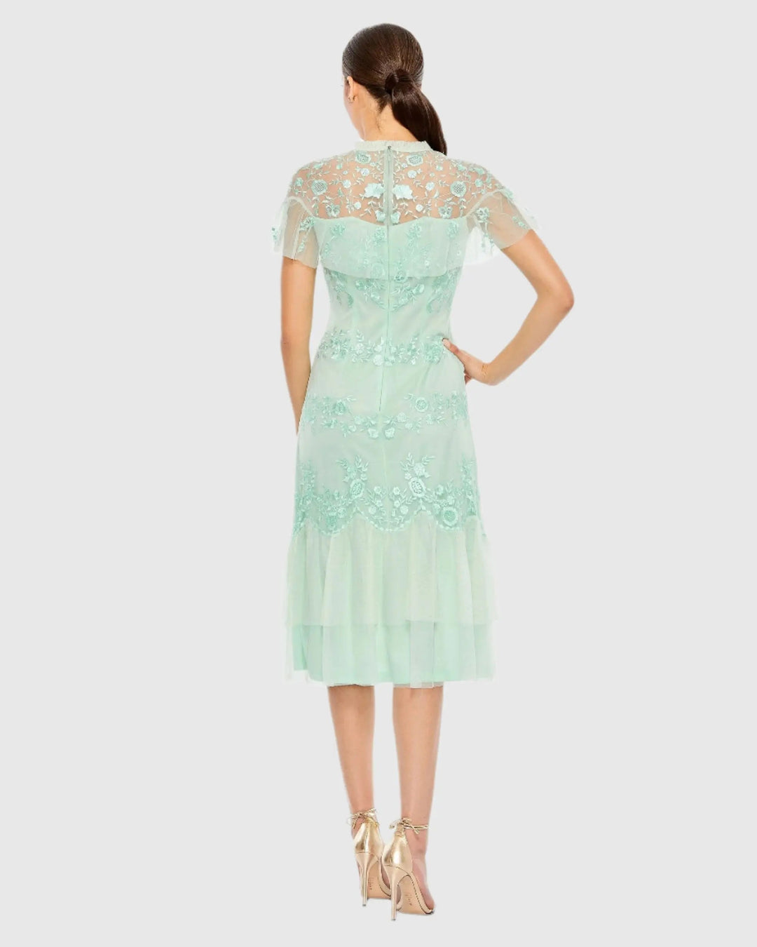 Mac Duggal A35147 Embroidered Ruffled Cap Sleeve Midi Dress